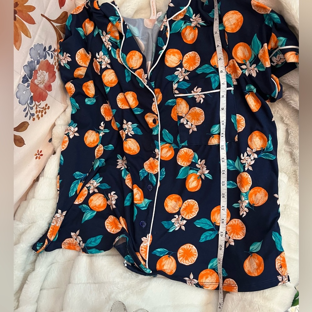 Super Soft XL Blue Orange Fruit Print Button Down PJ Lounge Sleep Shirt Spring - Picture 5 of 8